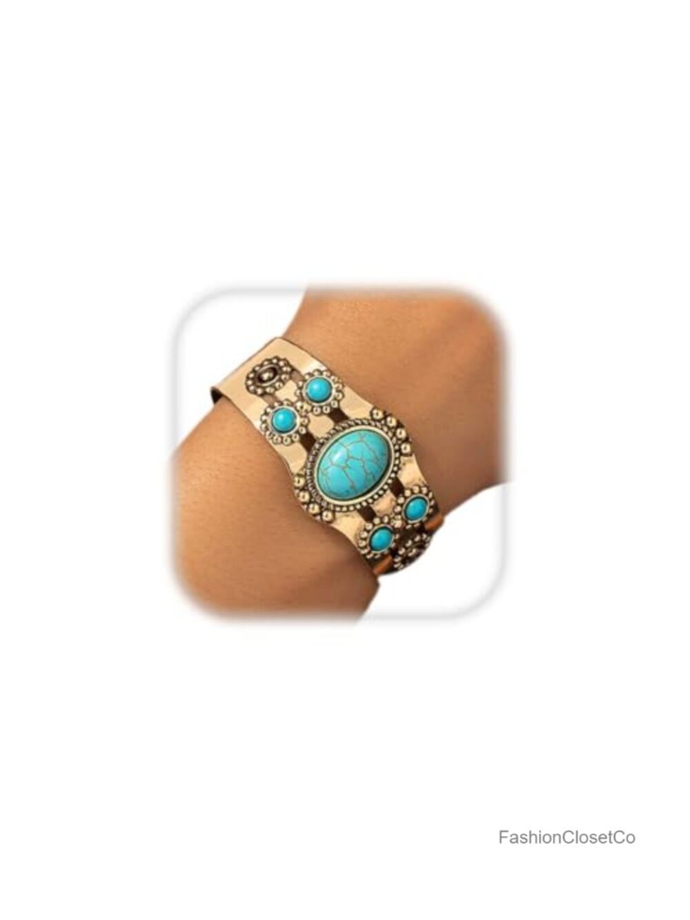 Adjustable Open Cuff Bracelet, Faux Turquoise and Alloy, Western